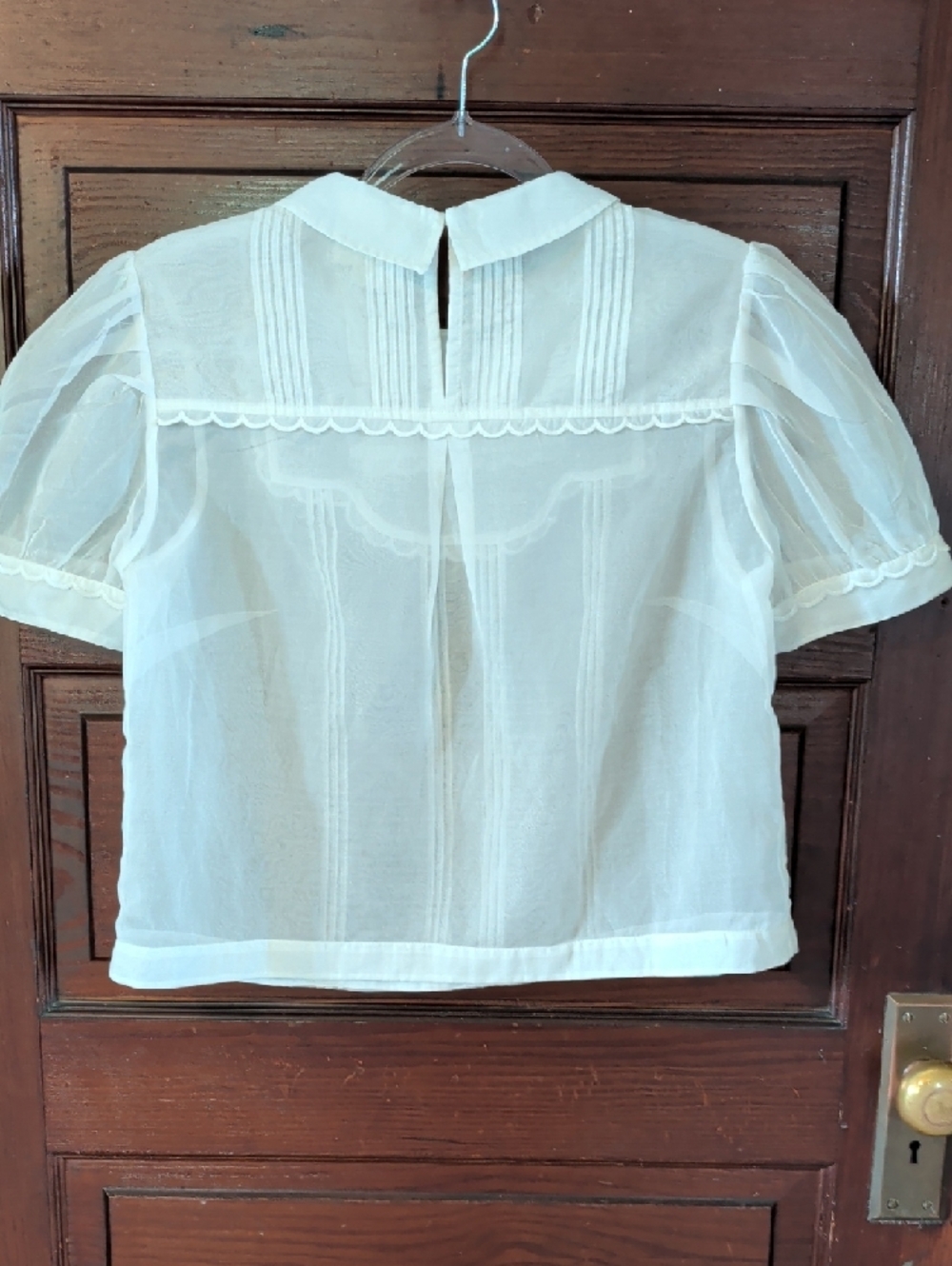 Sheer Short Puff-Sleeve Scallop Trim Blouse Peter Pan Collar Maeve Anthropologie - Picture 7 of 13
